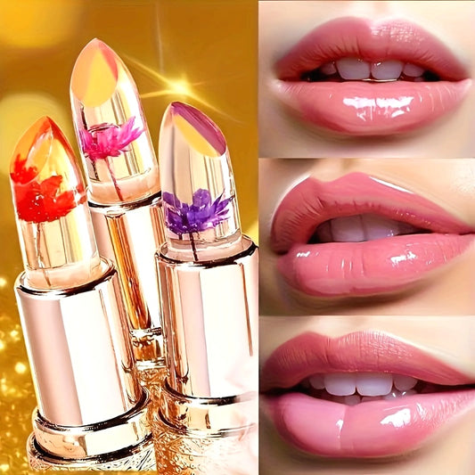 3 PCS Set of Petal-Shaped Color-Changing Jelly Lipsticks, Long-lasting Moisturizing and Fade-Resistant Lipsticks Women Female Make Up Accessories Korean Cosmetic Supplies