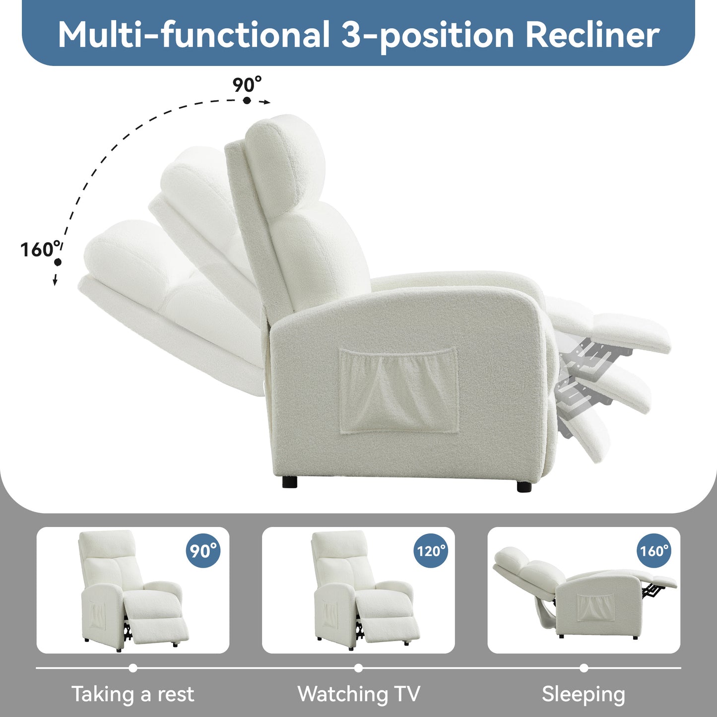 Push Back Recliner Chair Bed , Single Sofa with Lumbar Support, Padded Backrest, Side Pocket and Adjustable Leg Rest for Home Living Room
