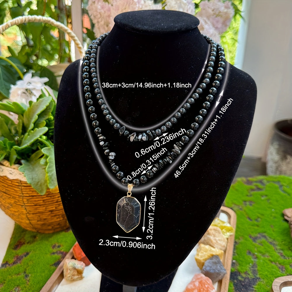 2 PCS Set Grounding Protection Black Obsidian Beaded Necklace, Natural Stone Pendant Double Layered Layered Necklace Set, Women's Fashion Jewelry Gift, Suitable for Giving to Family or Friends
