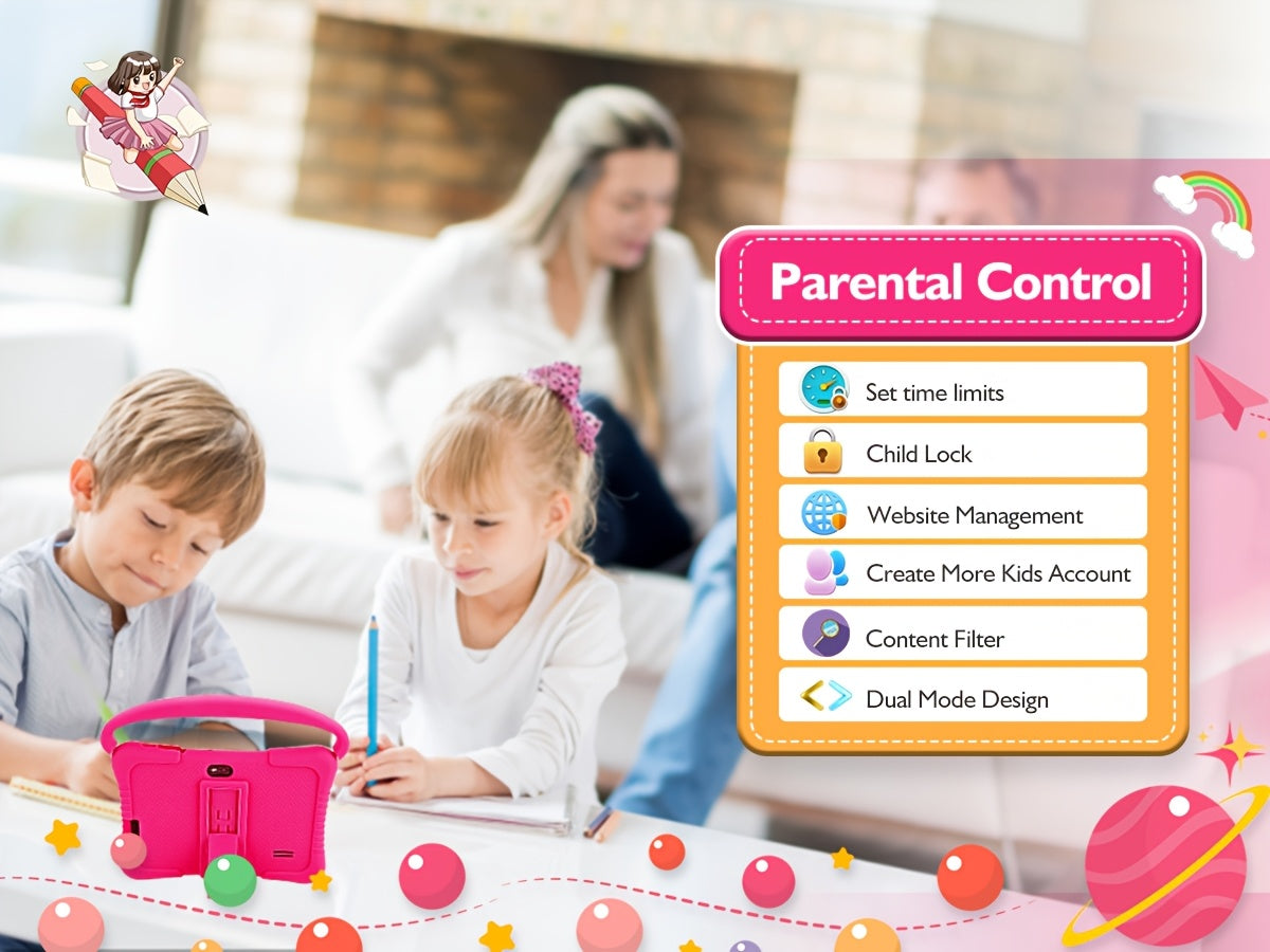 7" Kids Tablet, 2GB RAM+32GB ROM, Safe Eye Protection Screen, Wi-Fi, Dual Camera, Educational Games, Parental Controls App, Android Tablet With Drop Proof Silicone Sleeve Tablet