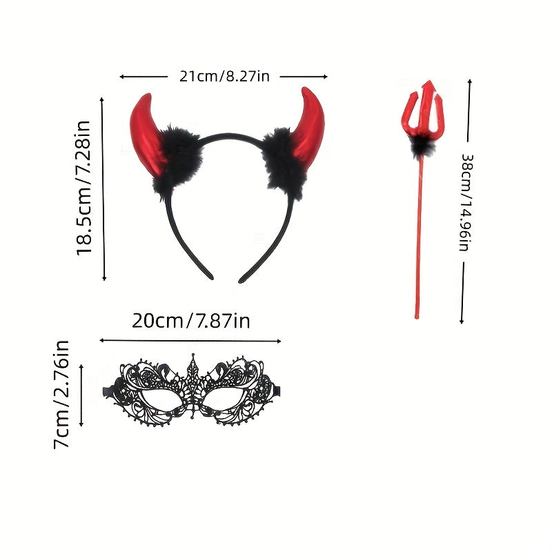 3 PCS Set Halloween Little Devil Wand Devil Horn Headband Performance Dance Party Props, Costume Accessory Set, Halloween Party Props, Halloween Headband Prop, Devil Wand And Horns, Little Devil Aesthetic, Costume-Inspired Pr