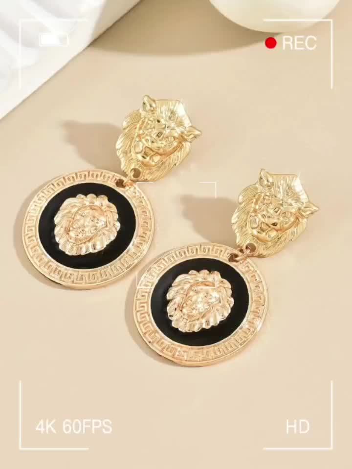 Exquisitely Designed Vintage Baroque Metal Relief Enamel Glazed Lion Totem Earrings, Showcasing Elegance And Nobility Women Jewelry Accessories
