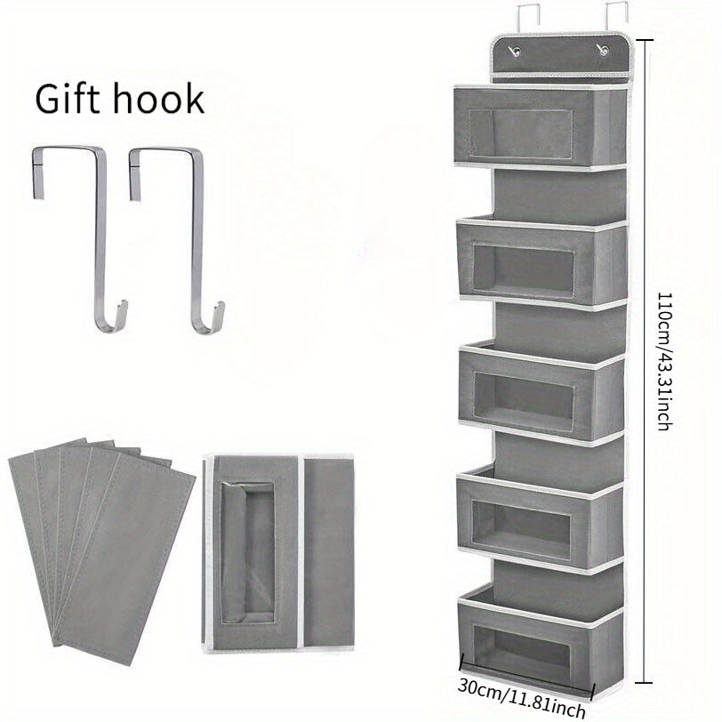Durable 5-Tier Door Storage Rack - No-Drill Anti-Tip Door Hanging Rack, 44 Lbs Capacity (19.96 Kg), Space-Saving Hanging Storage Shelf, Suitable for Closets, Bathrooms, Kitchens, Nurseries - Easy-To-Clean Fabric Structure, Pe