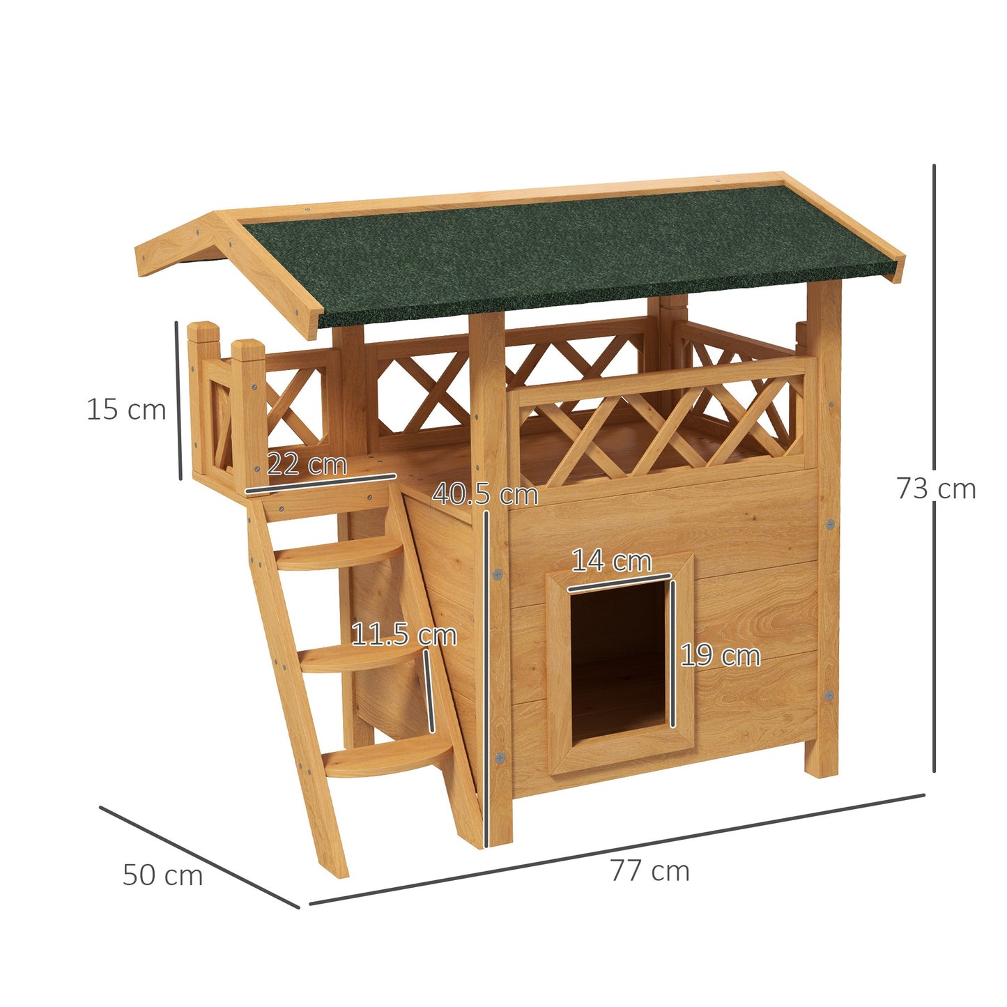 Outdoor Cat House Kitten Shelter Puppy Kennel with Balcony Stairs Asphalt Roof, 77 x 50 x 73 cm