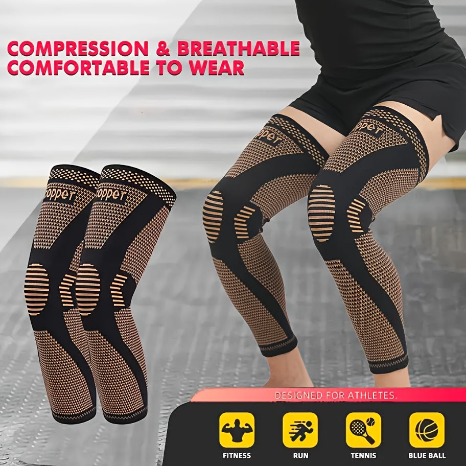 2-PCS Set Compression Knee Sleeves, Warm Knee Covers, Full Leg Support, Pain Relief Outdoor Running Sports  Knit Fabric, Polyester Fiber, Non-Slip Silicone, Breathable, Stretchable for Men & Women