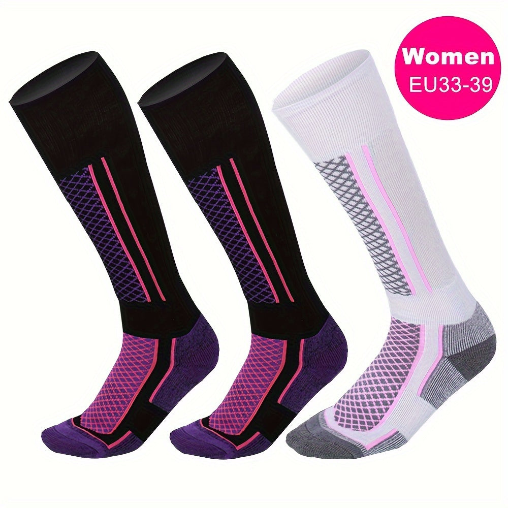 3pcs Pack Women's Thick Warm Ski Socks - Tall Outdoor Winter Sports Sock Suitable for Skiing, Snowboarding, Ice Skating - Striped Thermal Athletic Footwear Winter Sports Apparel Accessories