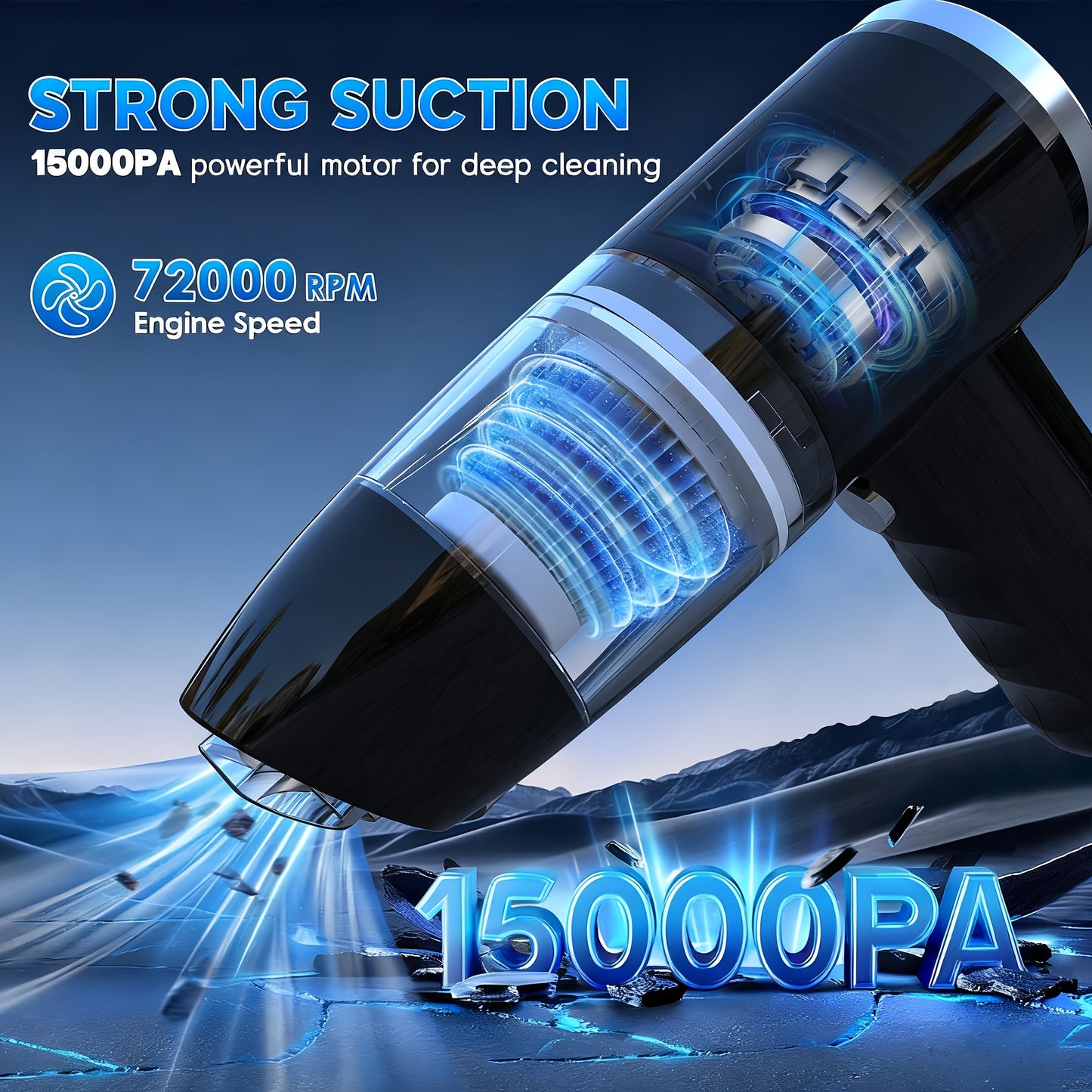 NEW Arrivals Car Vacuum 15000Pa Powerful Suction Handheld Portable with Fast Charging, - Cord-Free Operation, Quiet 80dB, Flat Suction Head & Crevice for Car,, Pet Hair Removal, Car Interior Cleaning ( Charging