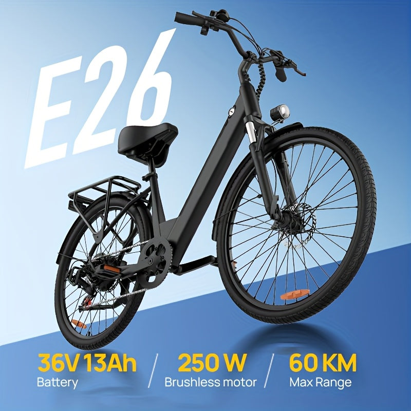 E26 Electric Bike 66.04cm Commuter City E-Bike With 36V 13Ah Battery (60-80 Km Range), 250W Motor, 3 Riding Modes 7-Speed Gears Mid-mounted Dual Airbag Shock Absorbers Perfect For Urban Travel Outdoor Adventures Lightweight D