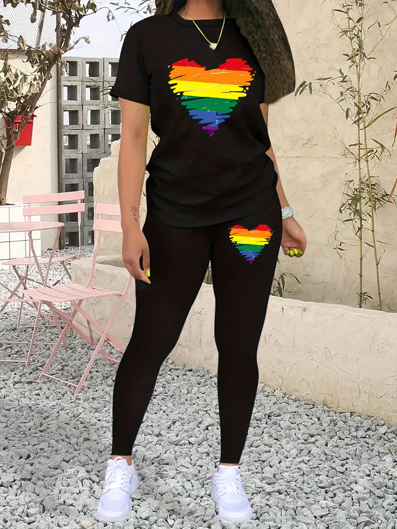 UK Size Women's LGBTQ+ Pride Outfit - Black Background Rainbow Heart Matching Two-Piece Set, Soft Breathable Fabric Casual Lesbian Couples Casual Attire LGBTQ+ Celebration Clothing, Geometric Print, Lightweight Summer Wear, C