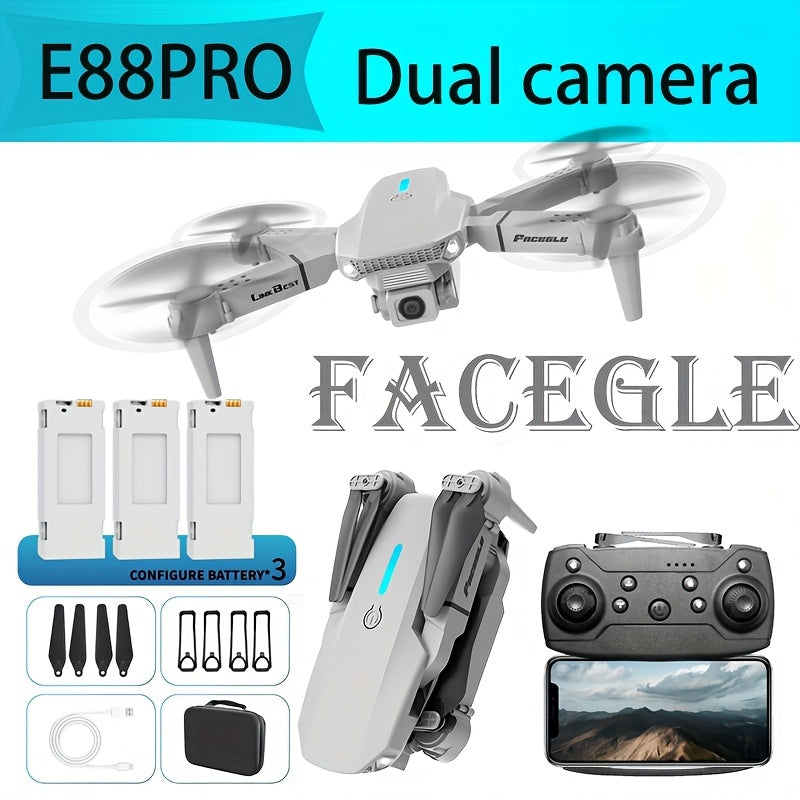E88 Pro! Featuring a Foldable Design,  Compact And Lightweight, Available in Two Minimalist Colors: Black And Gray, Along with a Sturdy Build. It Has Dual 480P Cameras And Remote Control Operation