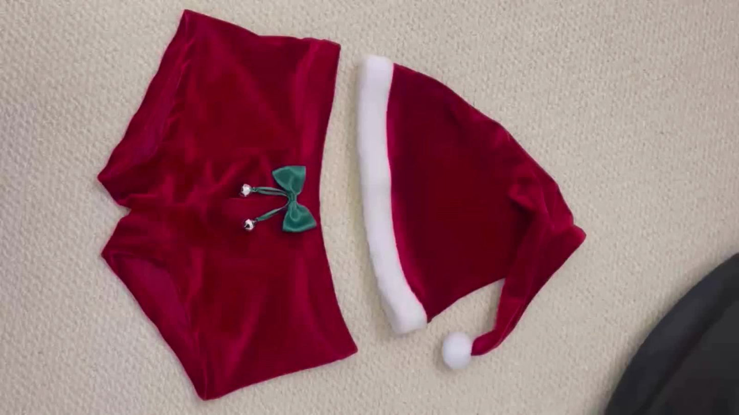 Christmas Hat Gift Set: Men's High-Quality Fleece Sexy Christmas Underwear with Bow & Bell, Includes Free Santa Cap – Light Beige-Friendly Smooth Fabric for Comfortable Wear. Perfect Attire Experience at Costume Parties Adu