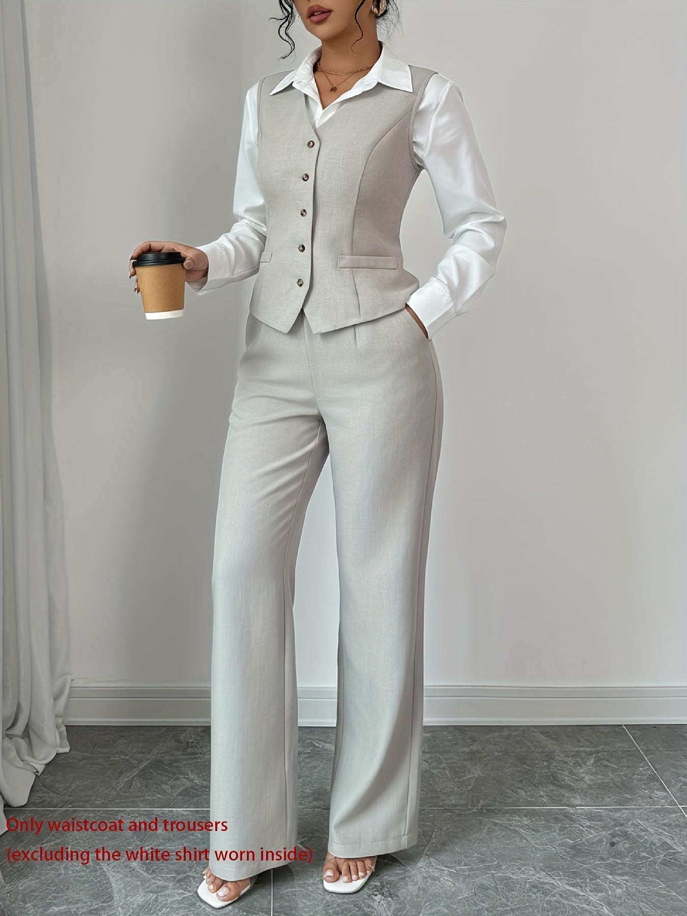 2 PCS Set UK 8-18 Size 5 Colors New Summer Women's Casual Elegant Chic Solid Color Sleeveless Single-Breasted Waist-Cinching Vest + High-Waist Wide-Leg Pants