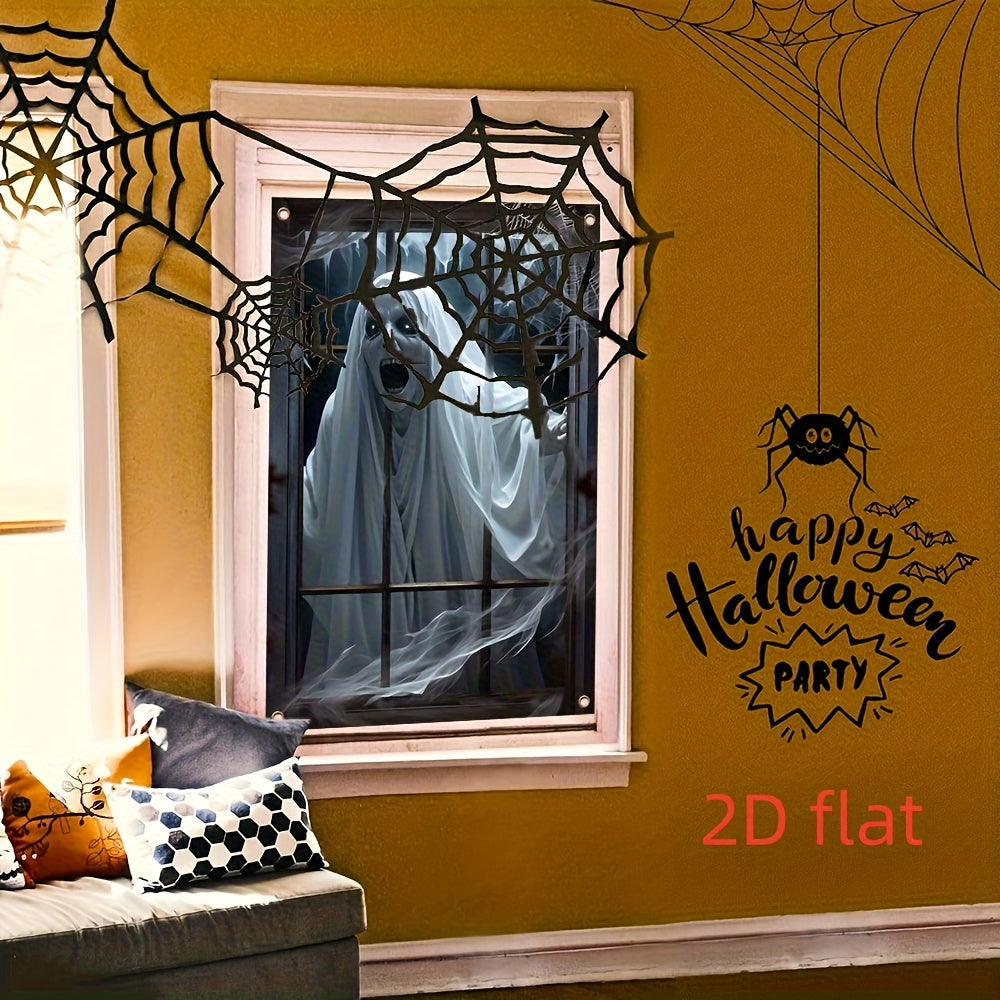 1-Pack Scary window banner - Halloween Decoration with Hanging Chains, No Electricity Needed, Easy to Hang Indoor/Outdoor - Spooky Party, Haunted House, Home Decor - Durable Polyester Fabric for Year-Round Halloween Displays,