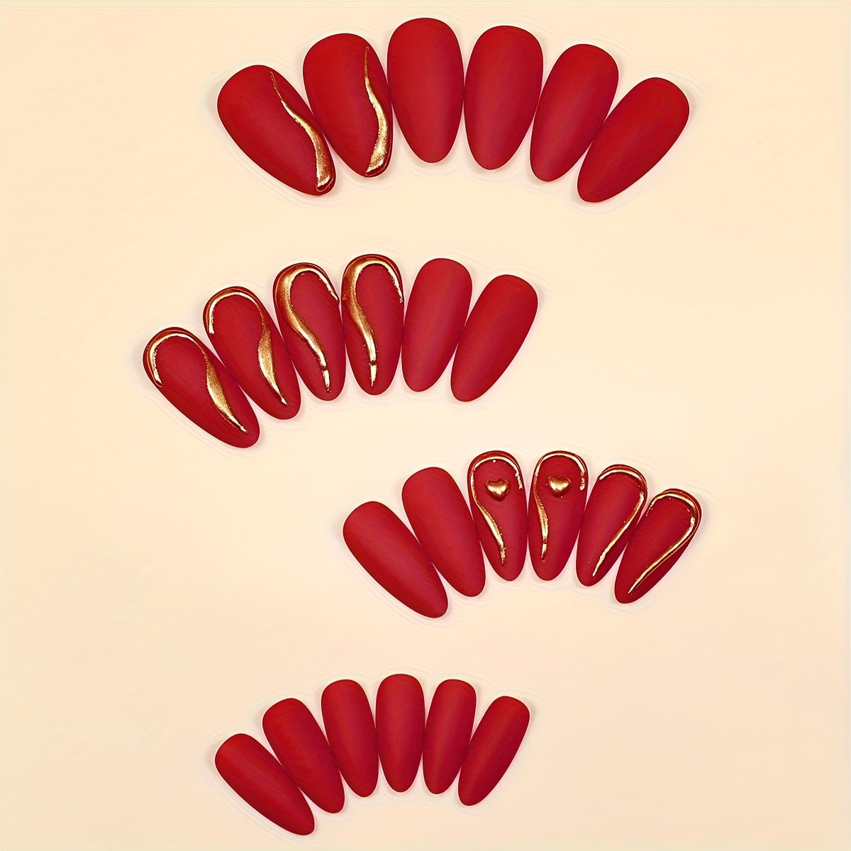 24 PCS Set Red Matte Almond Press-on Nails with Golden Accents & 3D Heart Detail | Perfect for Valentine's Day & Party Looks, Easy to Apply &, ABS Material