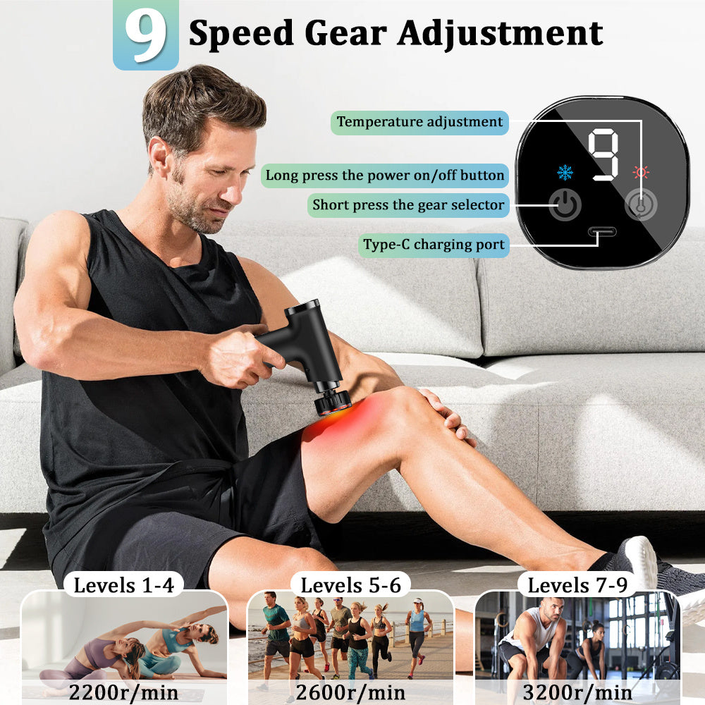 8 IN 1 Electric Massage Gun with Heat & Cold, Athlete Massage Gun, Multifunctional Fascia Gun Home Portable Gym Use Small Quiet Handheld Massager with LCD Touch Screen, 9 Heads for Shoulder, Body, Back, neck relaxation, Deep