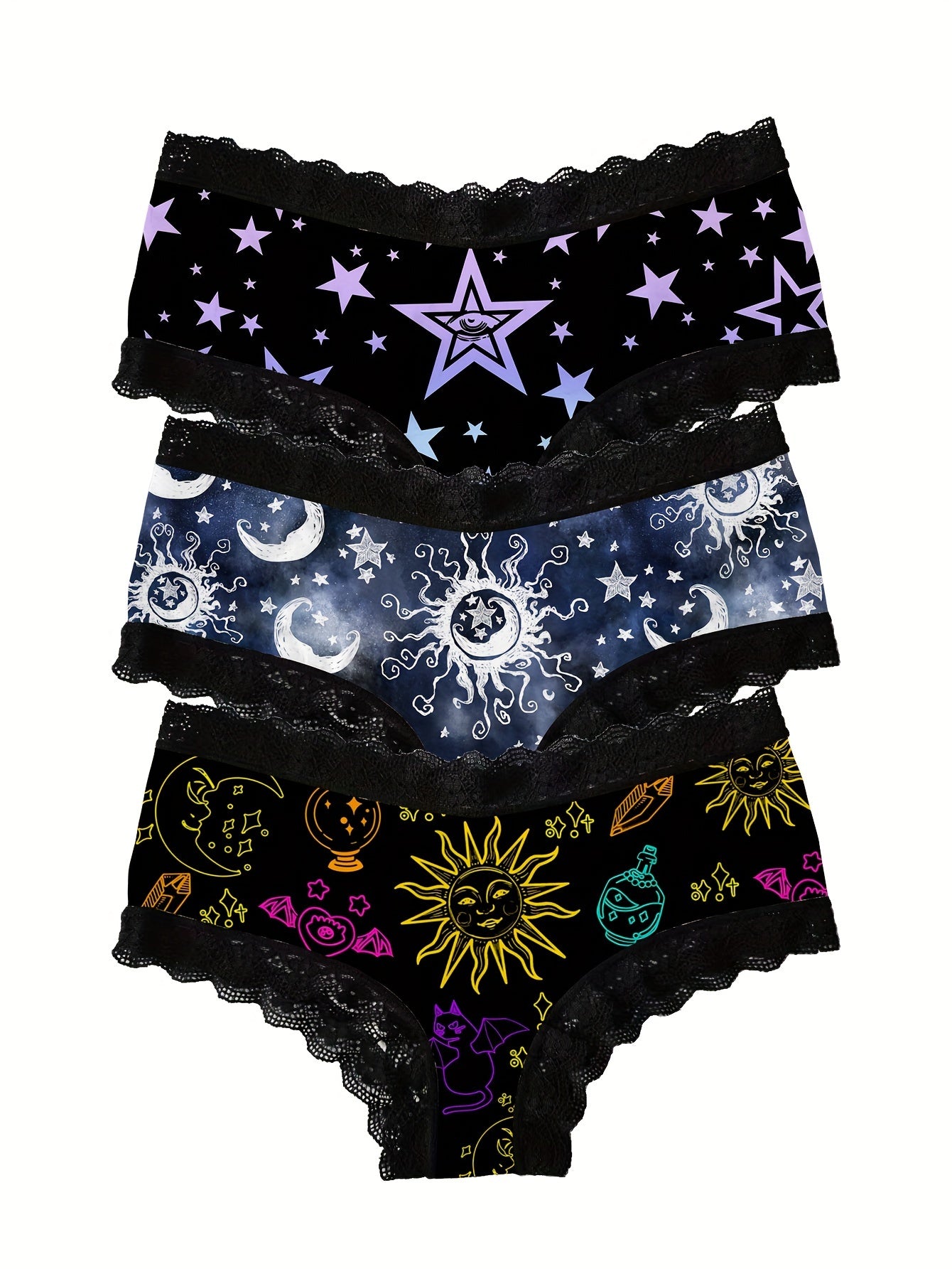 3 PCS Set UK Size Mystic Astronomy  Planetarium Allover Print Scallop Lace Trim Briefs, Sexy Comfy Breathable Stretchy Intimates Panties, Women's Lingerie & Underwear