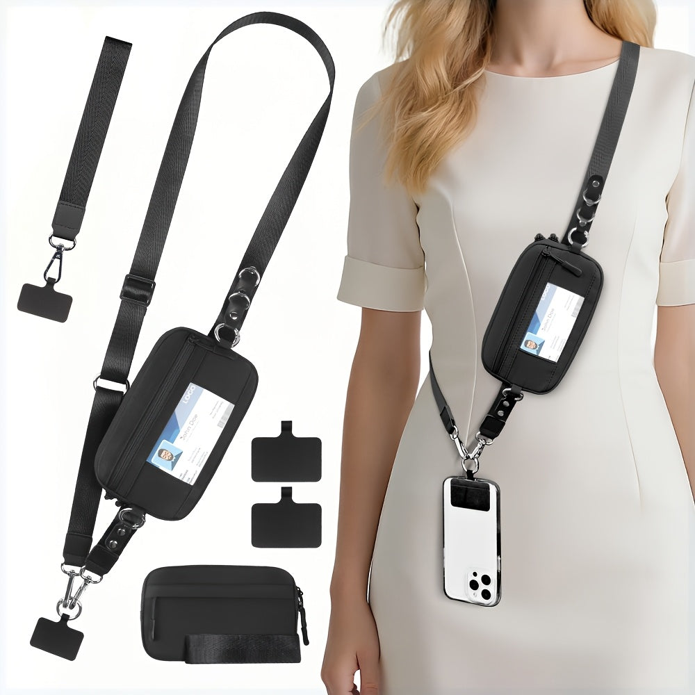 2 PCS Set RFID-Clip and Go Strap for Phone with Wallet Crossbody Phone Lanyard | Includes Wrist Strap and Zippered Anti-Theft Pocket, Suitable for Everyday Travel, Universal Multi-functional Mobile Phone Lanyard, Compatible w