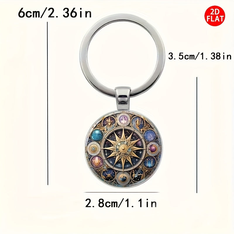 2D Flat Retro Celestial Keychain - Sun, Moon & Stars Design with Zodiac Signs, Fashionable Accessory for Men & Women, Ideal for Bags & Car Keys, Perfect Gift for Thanksgiving, Anniversaries & Holidays, Celestial Theme, Metall