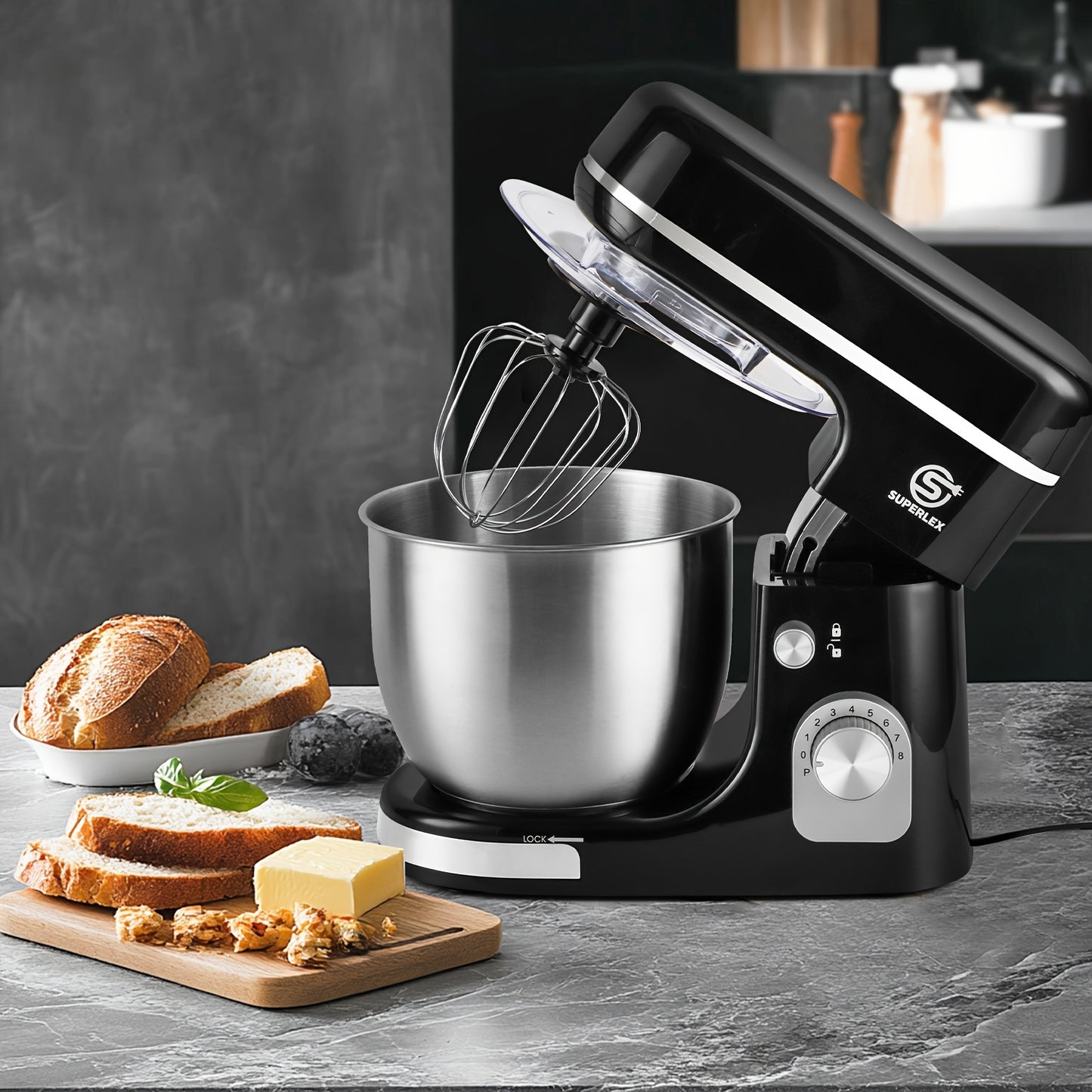 3-in-1 Stand Mixer 5L 1300W 8-Speed Kitchen Machine with Pulse, Stainless Steel Dough Hook Whisk & Eggbeater Attachments, Energy Class A+++ for Baking Cakes Bread, Black, Baking Essentials, Ergonomic Handle, Reliable Performa