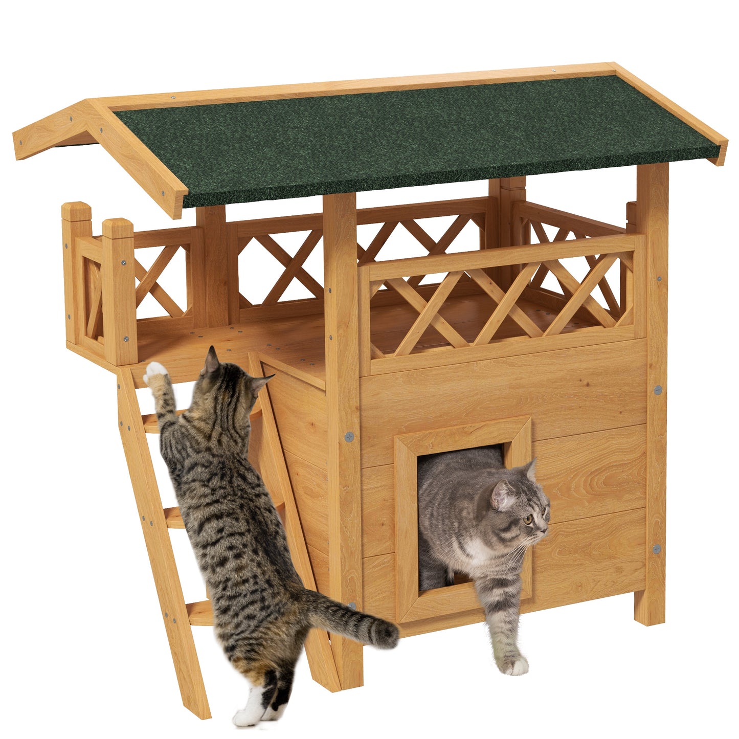 Outdoor Cat House Kitten Shelter Puppy Kennel with Balcony Stairs Asphalt Roof, 77 x 50 x 73 cm