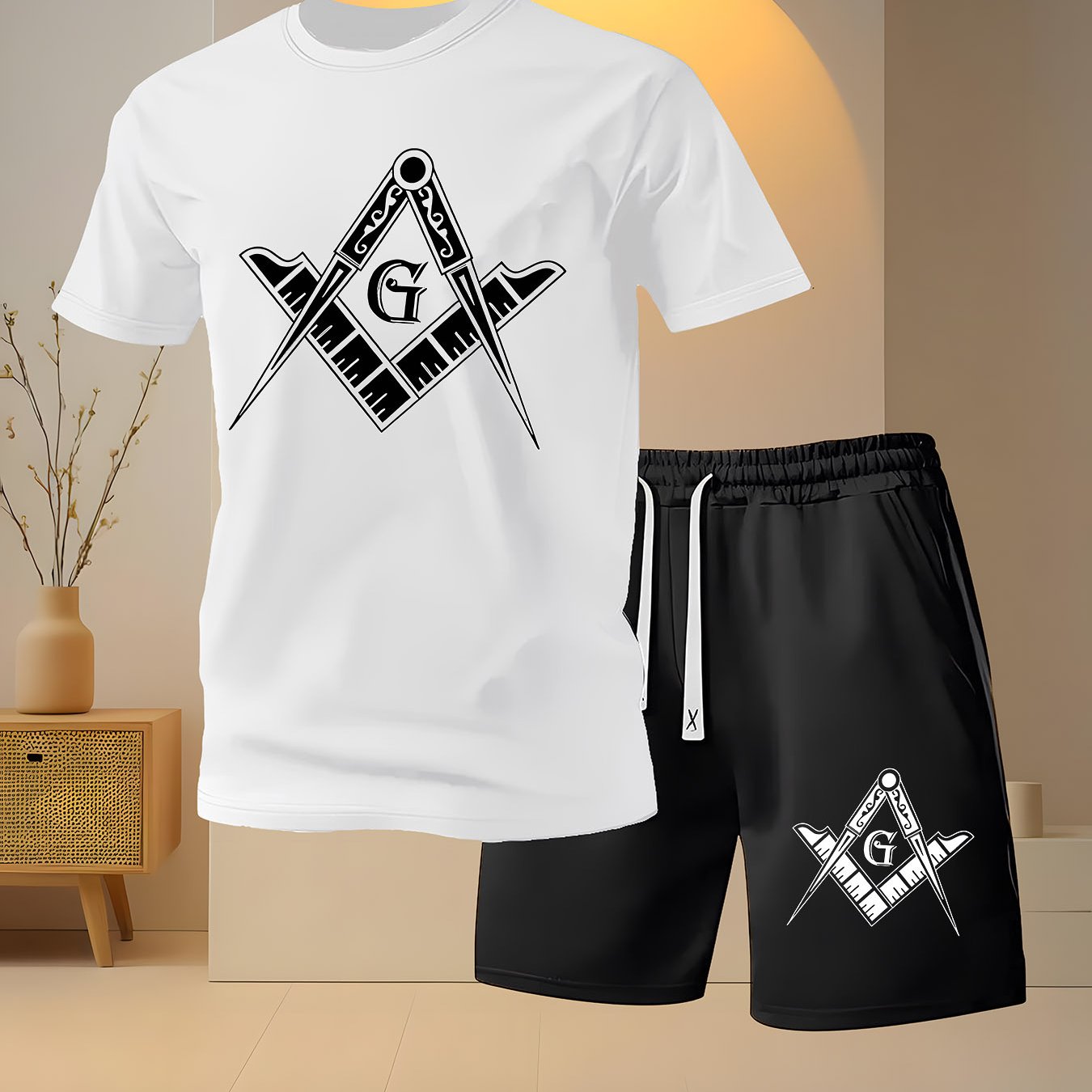 2 PCS Set Freemasonry Logo Print Men's Fashion Casual, Round Neck Short Sleeve T-Shirt and Drawstring Shorts Spring Summer Sportswear Outfit