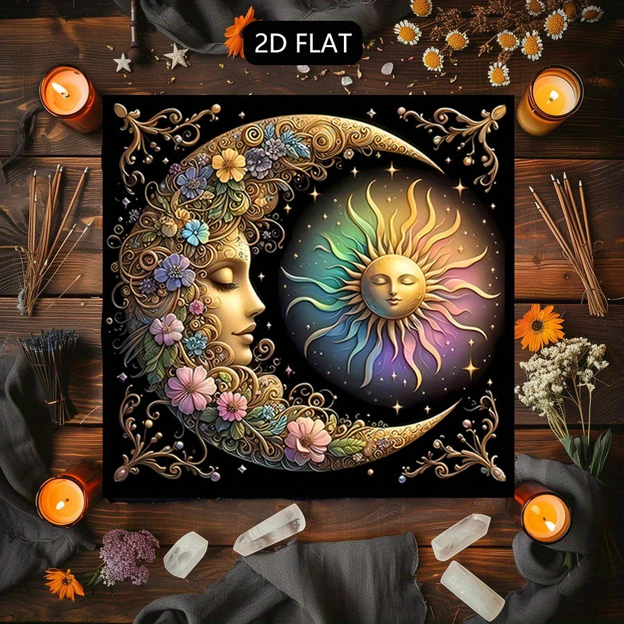 Mandala Tablecloth Compatible for Tarot, Astrology & Witchcraft - Black Oracle Mat with Sun Moon Stars Boho Altar Cloth - Machine-Made Square Table Cover for Meditation, Divination & Home Decor - Wizard Medium Accessories
