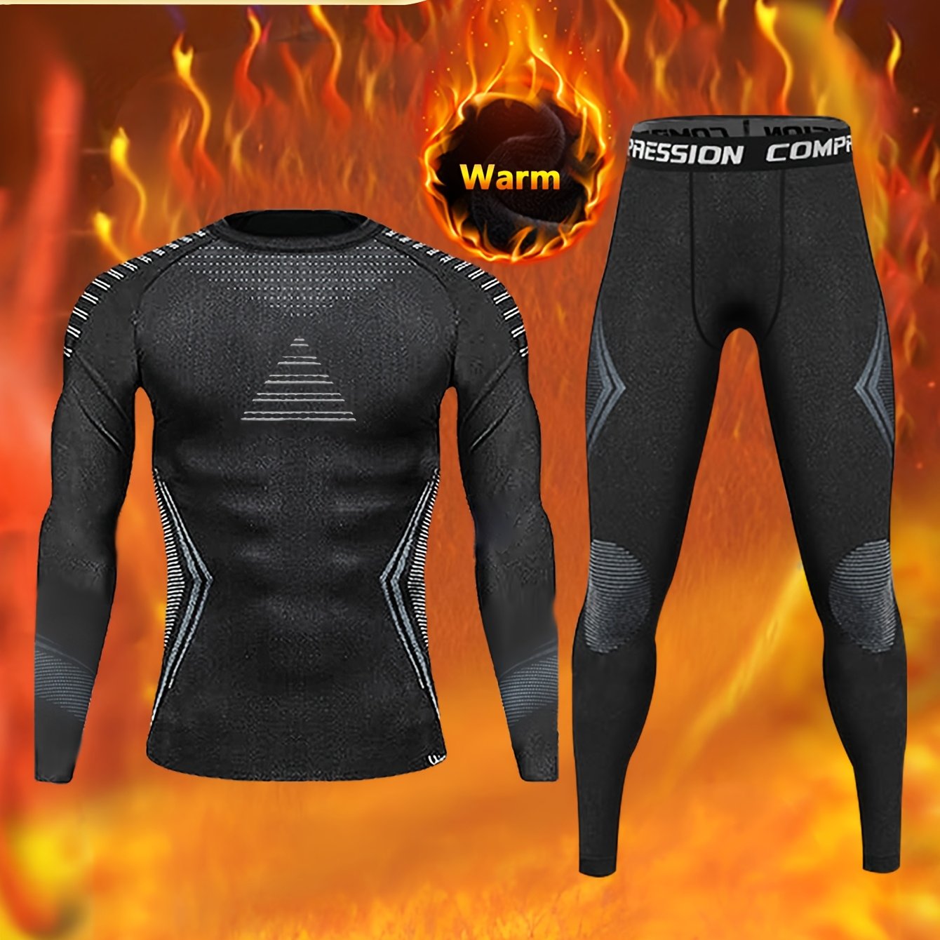 2 PCS Set UK Size  Autumn/Winter Men's Thermal Shapewear Set, Outdoor Skiing Warm Tight Pants and Long-Sleeve Top with Fuzzy Lining for Skating, Cycling Gym Running Yoga & Sports