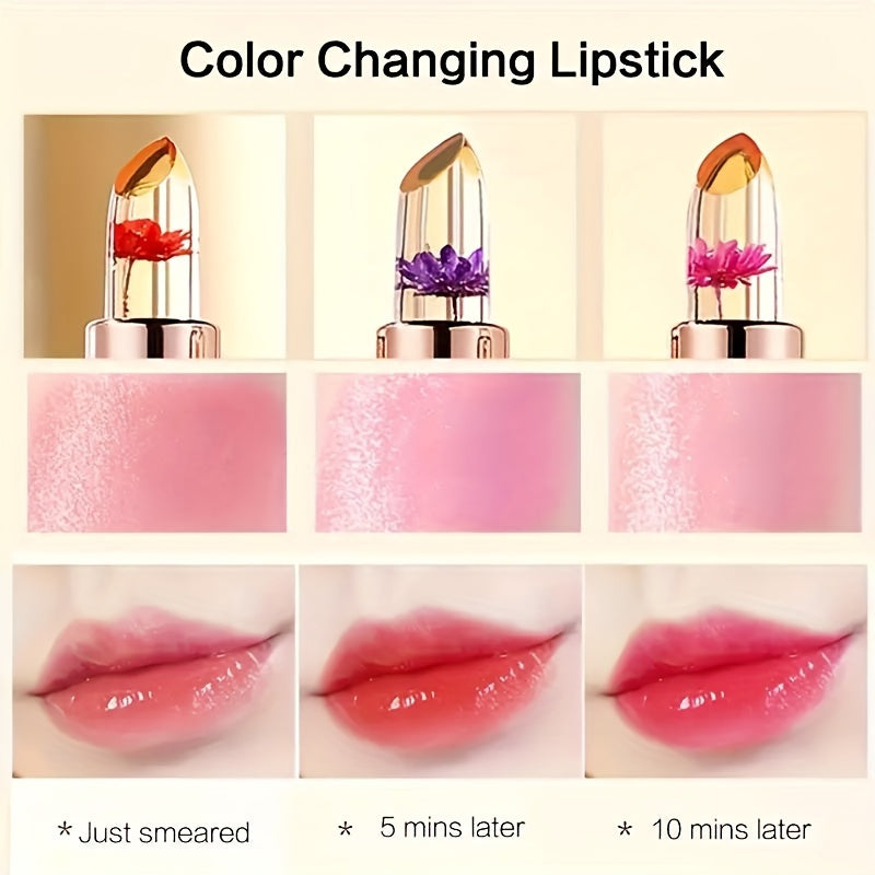 3 PCS Set of Petal-Shaped Color-Changing Jelly Lipsticks, Long-lasting Moisturizing and Fade-Resistant Lipsticks Women Female Make Up Accessories Korean Cosmetic Supplies