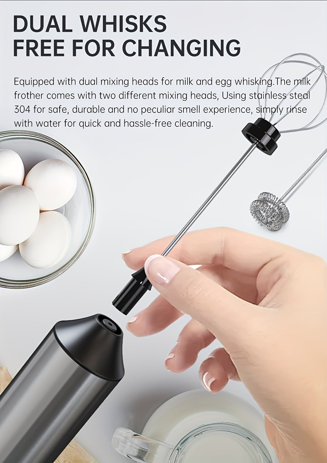 Rechargeable Electric Milk Frother, Handheld Foam Maker Whisk with 2 Heads 3 Speeds Drink Mixer, Built-in Mixing Heads for Both Milk Beaters And Egg Beaters, Quick Foaming Coffee Whisk for Coffee, Latte, Wedding Gifts, Portab
