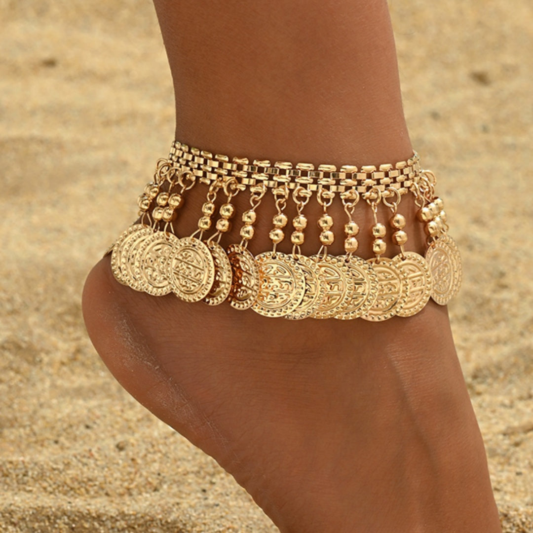 Silvery and Golden Vintage Metal-Style Ancient Coin Bead Tassel Anklet Suitable Women's and Girls  Everyday Wear for Islands Vacation Beach Footwear Outfits Jewelry Accessories