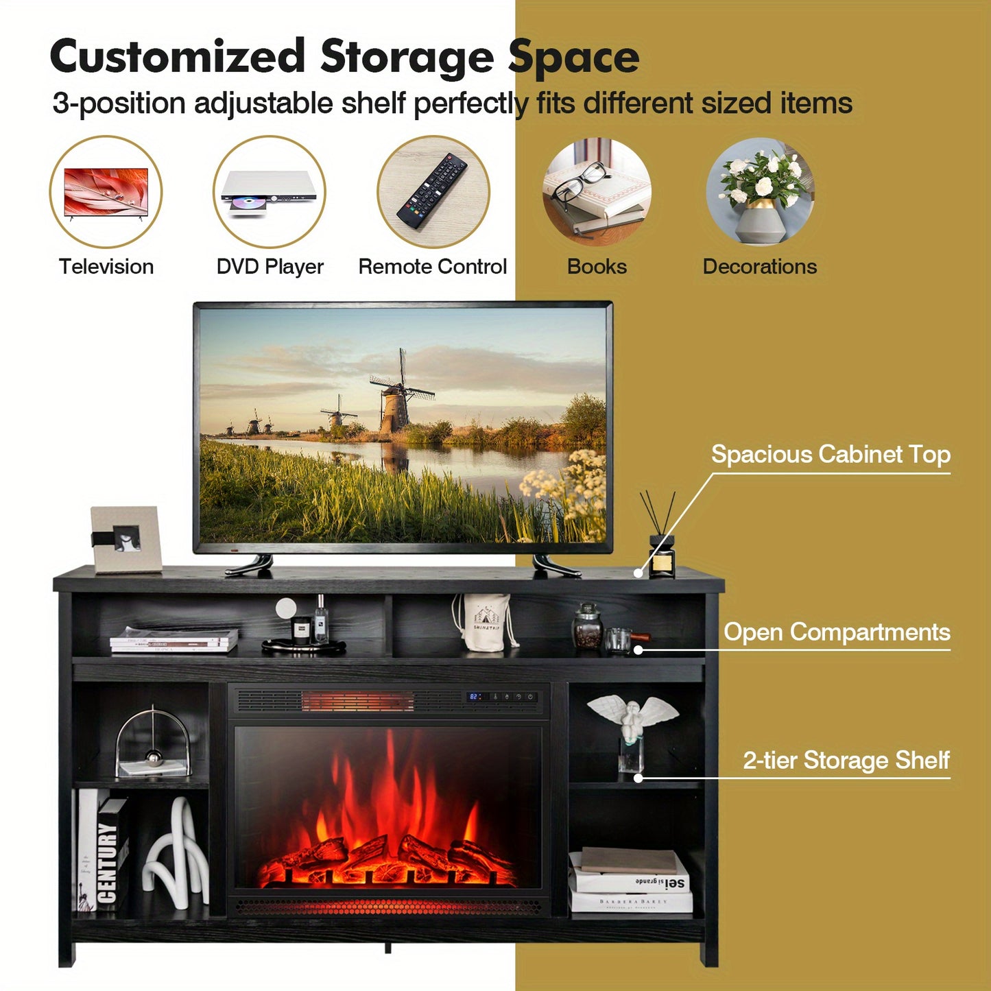 TV*s up to 165.1cm Modern Media Console Table with Adjustable Fireplace Shelf & Cable Management - Engineered Wood TV Stand, Compatible with 71.12cm Fireplaces, 2-Tier Shelves, Spacious Entertainment Center for Living Room,