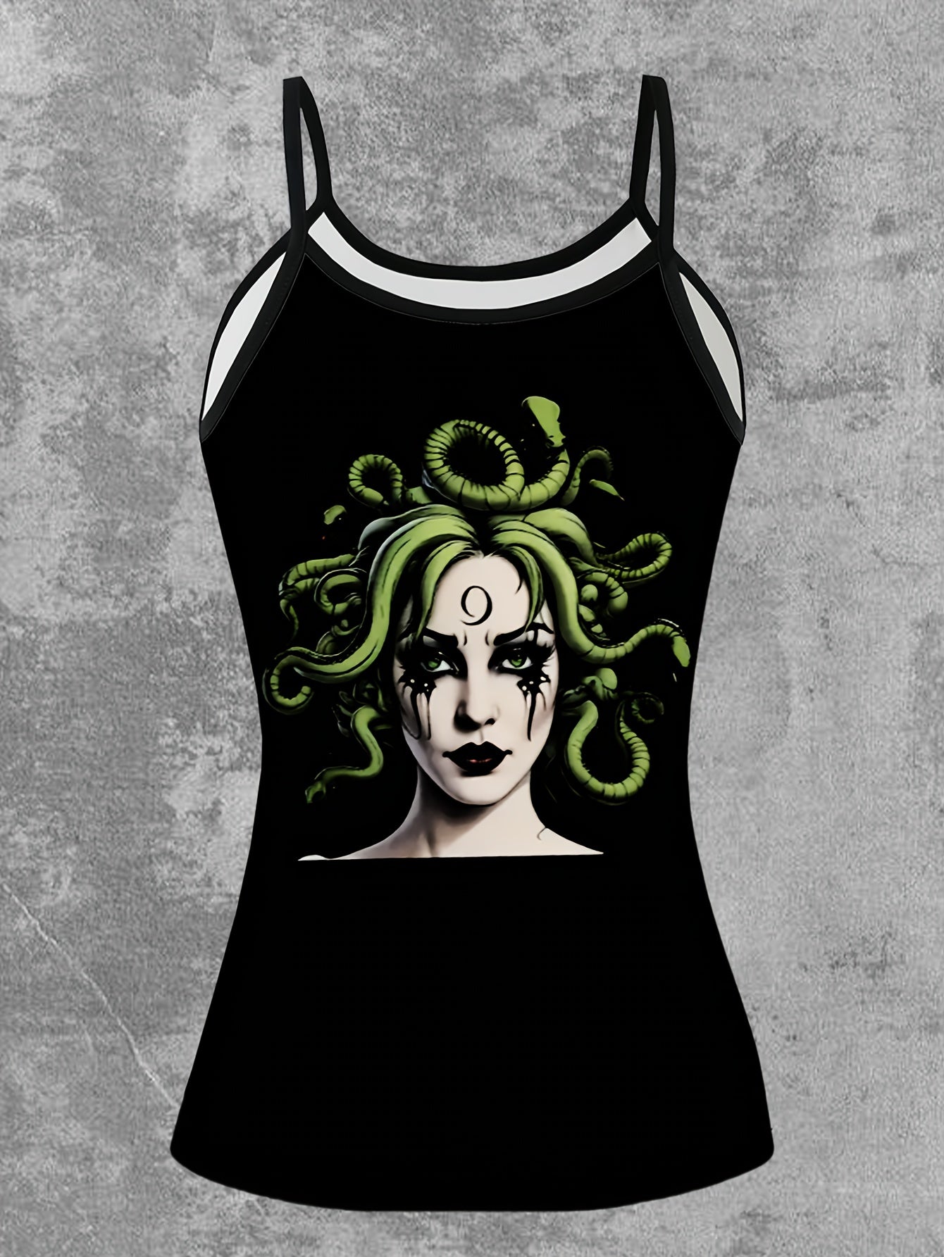 Women's Greek Goddess Medusa Print Sleeveless Dress-like Top - Greek Key & Medusa Design, Black & Green Summer Blouse, Machine Washable Elegant Casual to Party Wear, Backless Tops For Women, Backless Blouse, Festival Tops, Ba
