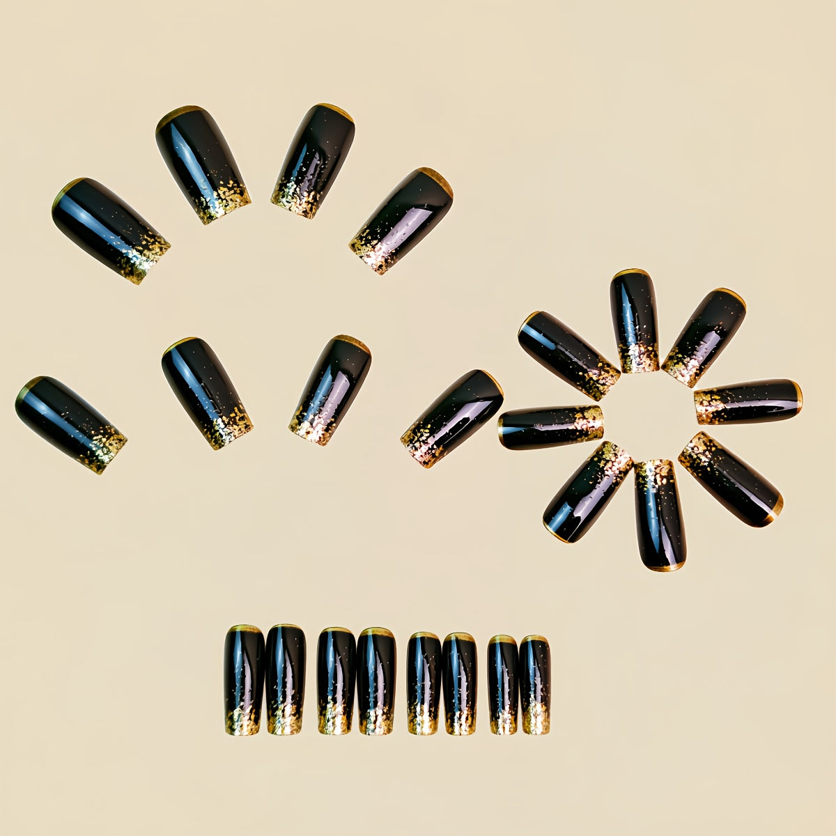24 PCS Set Golden Glitter Ombre Black Long Square Press-On Nails, Detachable Fake Nails for Women, Simple & Elegant Nail Art to Enhance Your Fingertips' Charm
