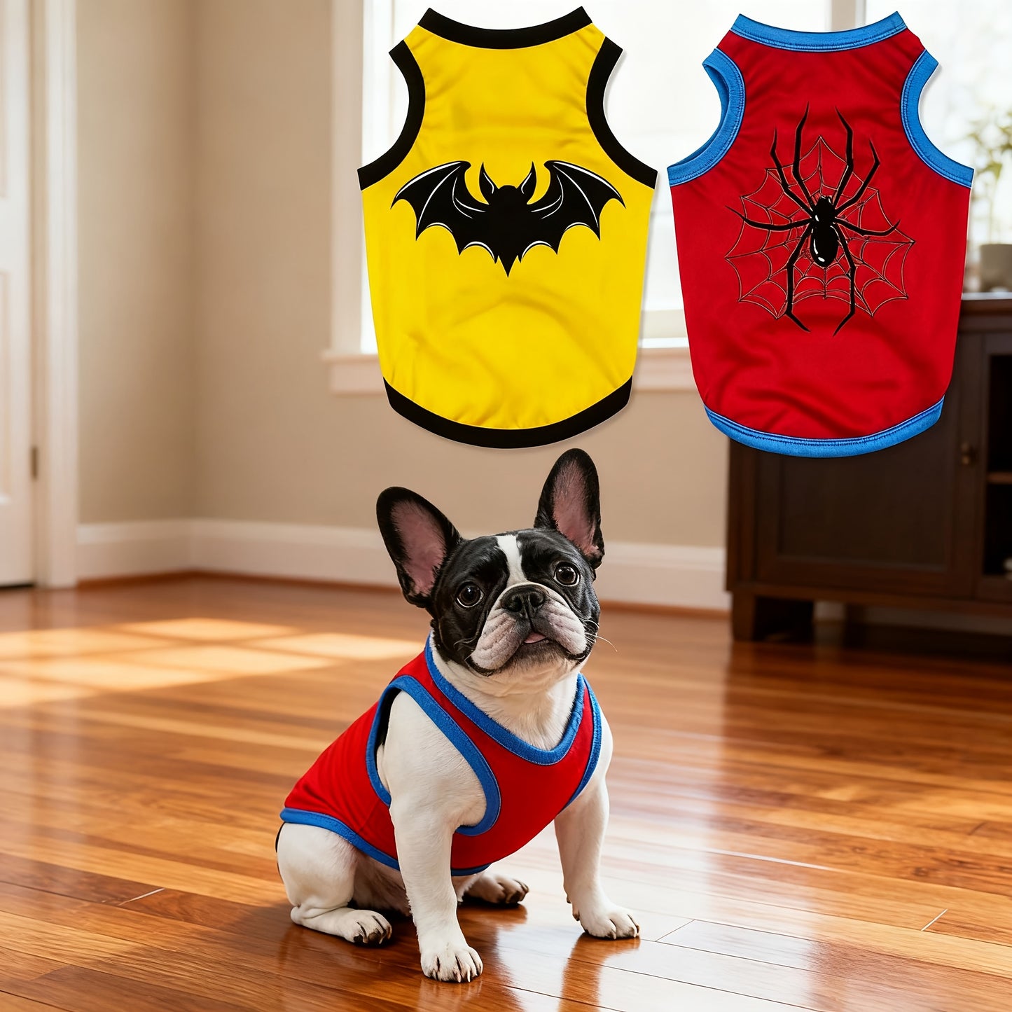 Soft Breathable Dog Clothes Suitable for Dog Breeds like Teddy, Bichon Frise, Corgi - Spider & Bat Patterns, Sleeveless Pet Outfits for all- Wear, Machine Washable Non-Restrictive for small/Medium Dogs