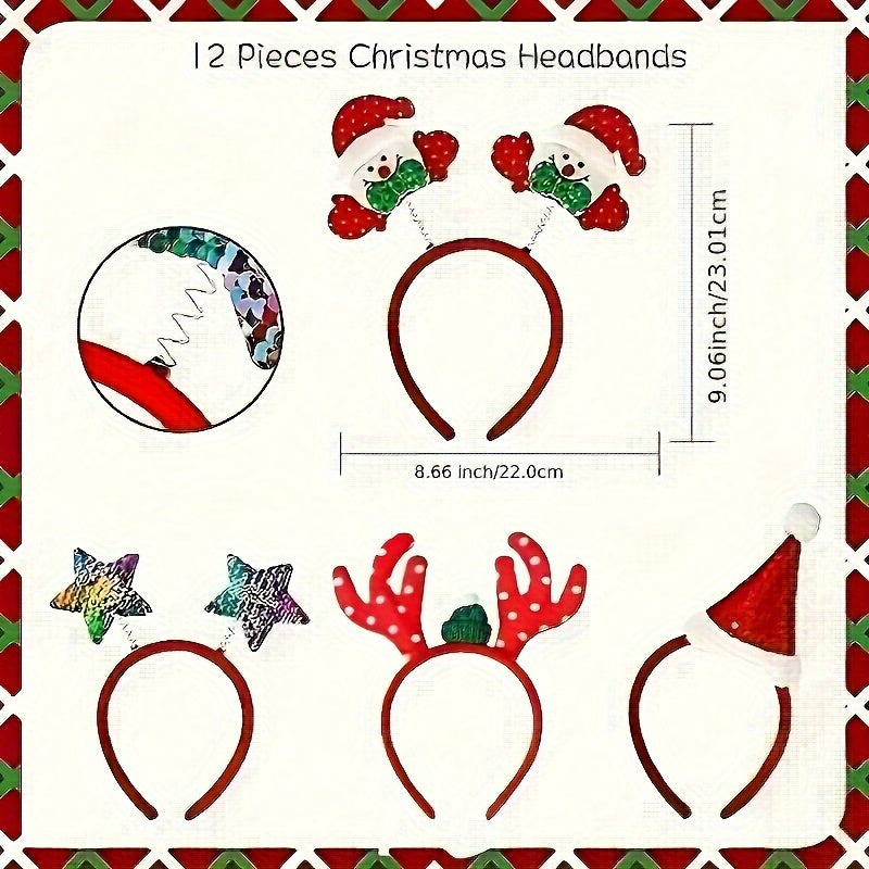 12pcs Festive Christmas Headbands - Red & Plastic Hair Bands with Santa, Snowman & Reindeer Antlers, Perfect for Holiday Party Decorations, Holiday Headbands | Playful Design | Durable Plastic, Christmas Accessories Halloween