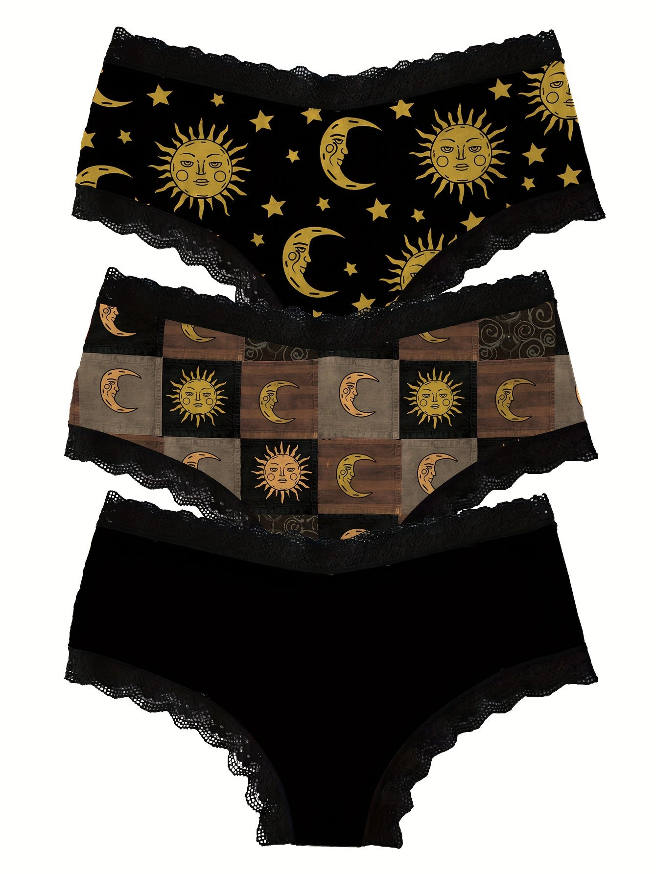 3 PCS Set UK Size Moon & Sun Print Lace Trim Briefs, Comfy Breathable Stretchy Intimates Panties, Women's Lingerie & Underwear