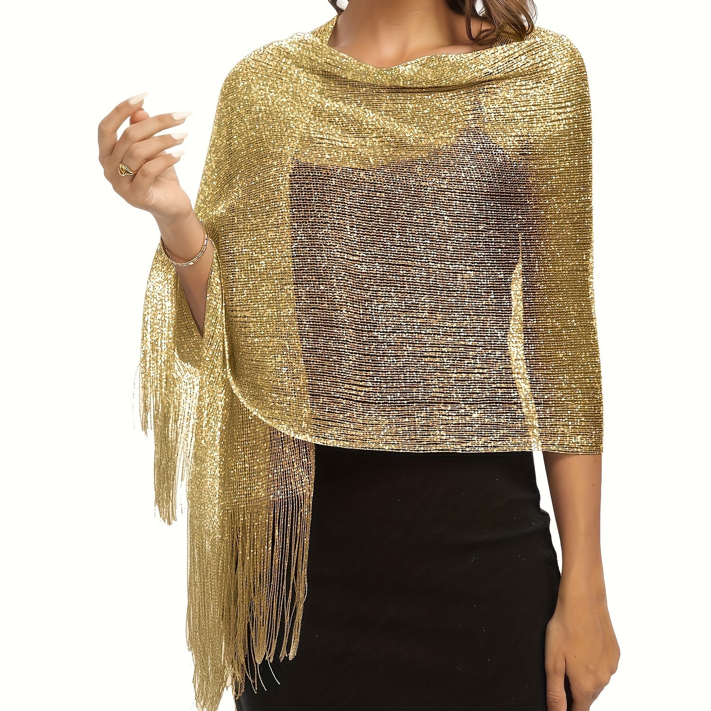 Elegant Black/Silver/Golden Sequin Shawl with Tassel Detail - Perfect for Beach, Evening, Wedding & Party Accessories,  Non-Stretch, Beach Cover-Up Elegant  Shawl