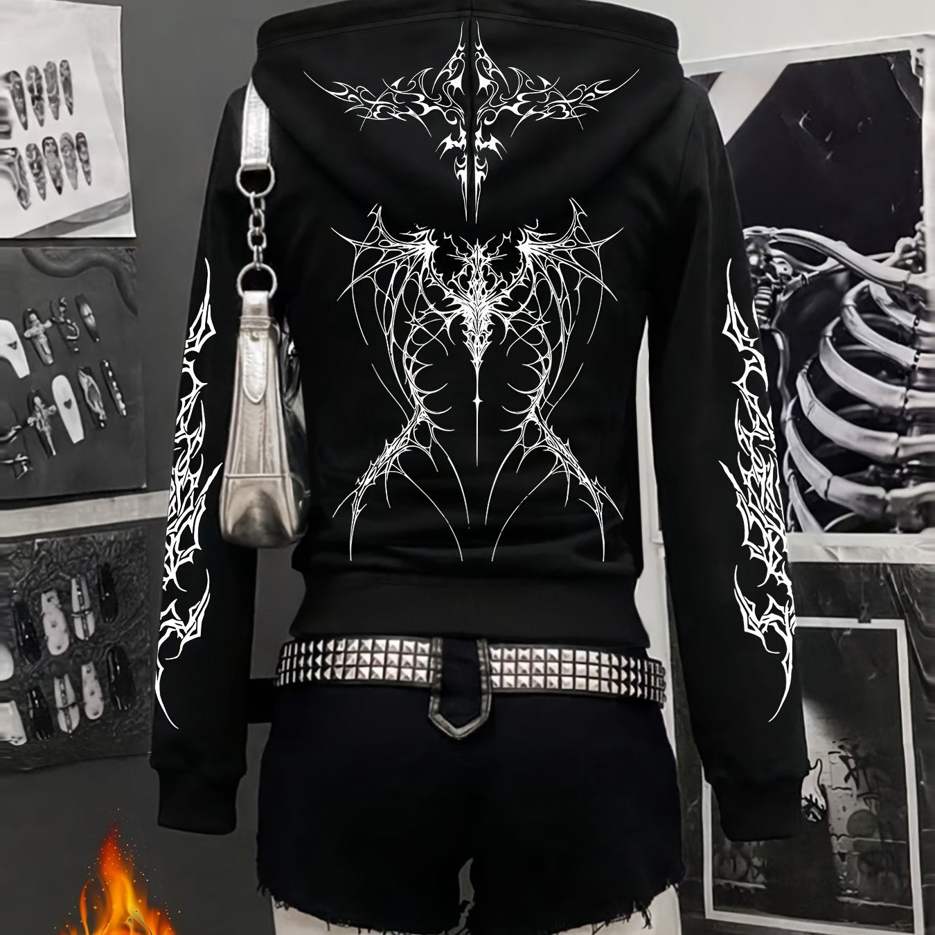 Autumn And Winter Y2K Gothic Style Printed Trendy New Zip Design Thick Plush Black Hooded Zip Jacket, Black Cardigan for a Casual And Relaxed Commuting Look
