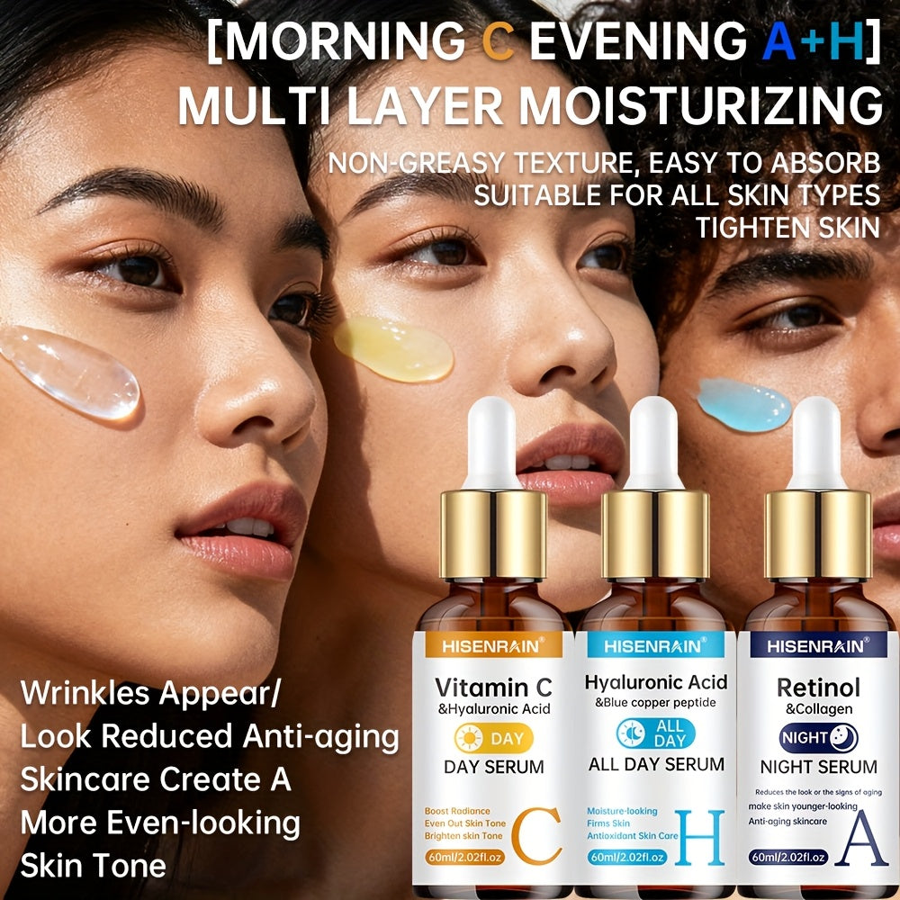 3 PCS Set All Day & Night Serum Set with Vitamin C + Retinol + Hyaluronic Acid (Contains Collagen + Peptides + Various Vegetable Oil Extracts) -Brightens Light Beige, Firms Skin, Controls Oil & Moisturizes, Deeply Hydrates. D