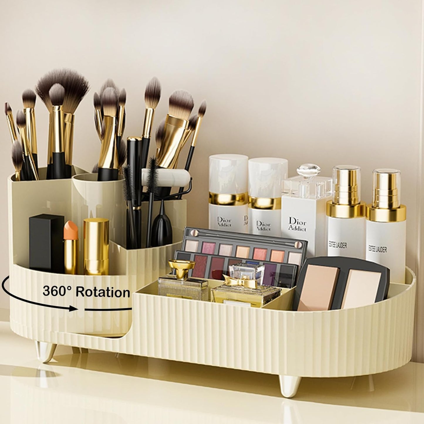 Black and White Color Rotating Makeup Organizer, 360°Rotating Large Capacity Brush Holder, Storage with Compartments for Vanity, Bathroom, Desk Container, Cosmetic Display Cases