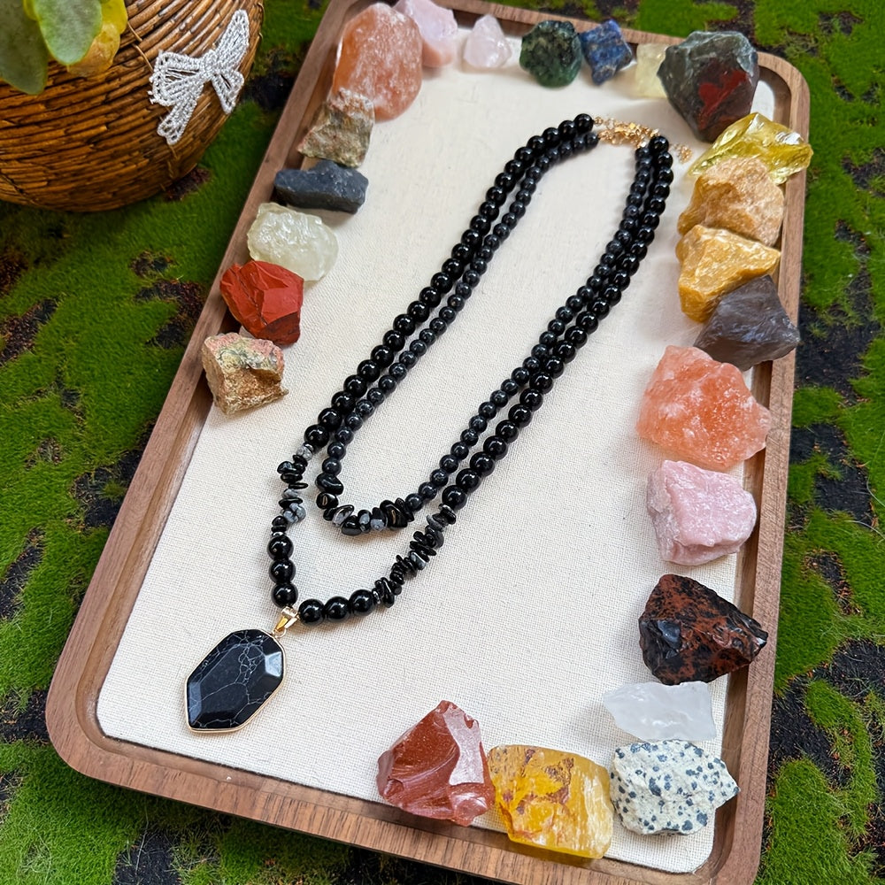 2 PCS Set Grounding Protection Black Obsidian Beaded Necklace, Natural Stone Pendant Double Layered Layered Necklace Set, Women's Fashion Jewelry Gift, Suitable for Giving to Family or Friends