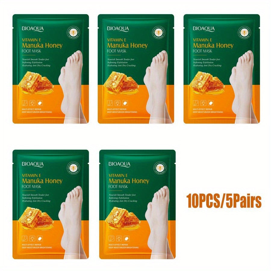 10 PCS Set Pack Vitamin E & Manuka Honey Intense Moisturizing Foot Masks for Extremely Dry, Cracked Feet, Winter Skincare, Pedicure Salon & Home Spa Care - Nourishing for Sensitive Light Beige