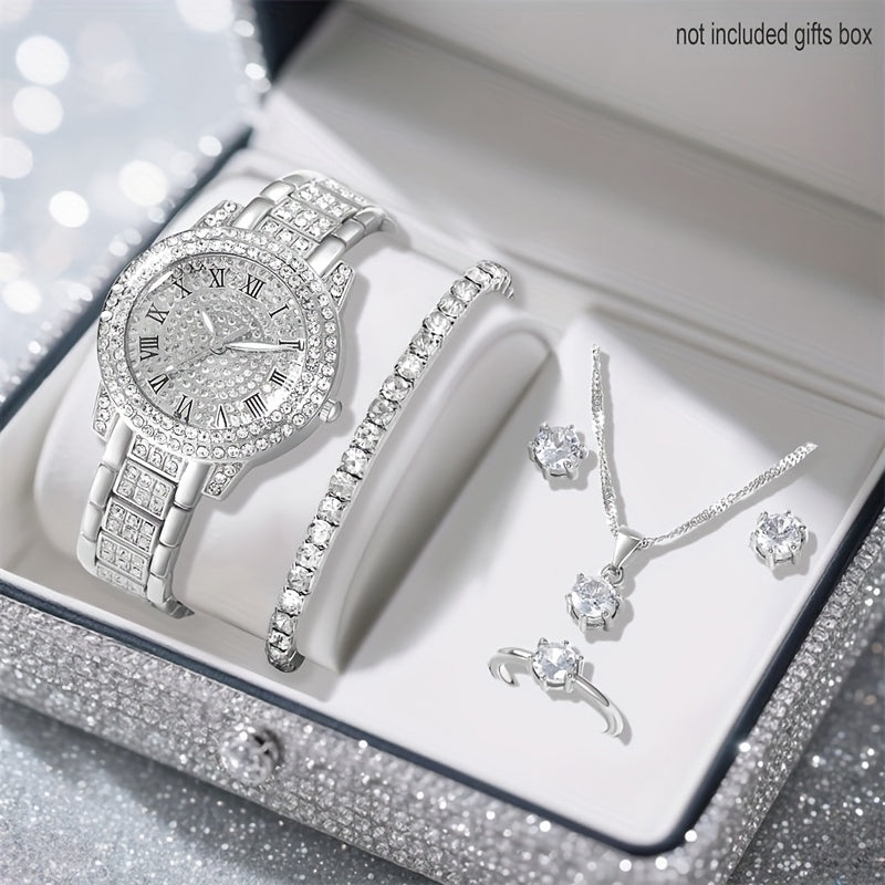 3 Colors 6PCS Set New Ladies' Gorgeous And Fashionable Silvery Quartz Watch +new Silvery Jewelry Set Valentine's Day, Easter, Ramadan, Wedding, Birthday Party, Christmas Horror, Halloween, Give Friends Gifts Eid Al Adha