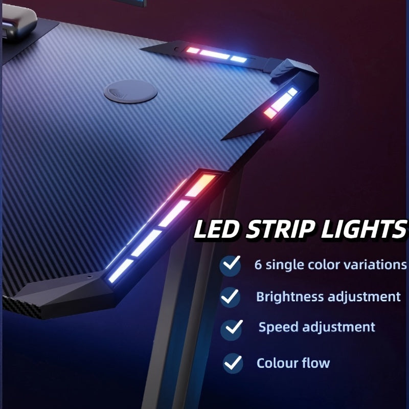 NEW RGB Gaming Black Desk Full Set with LED Lights and Mouse Pad, Large Ergonomic Computer Desk with Cup Holder & Headphone Hook, Modern Carbon Fiber Design for PC Gaming & Home Office