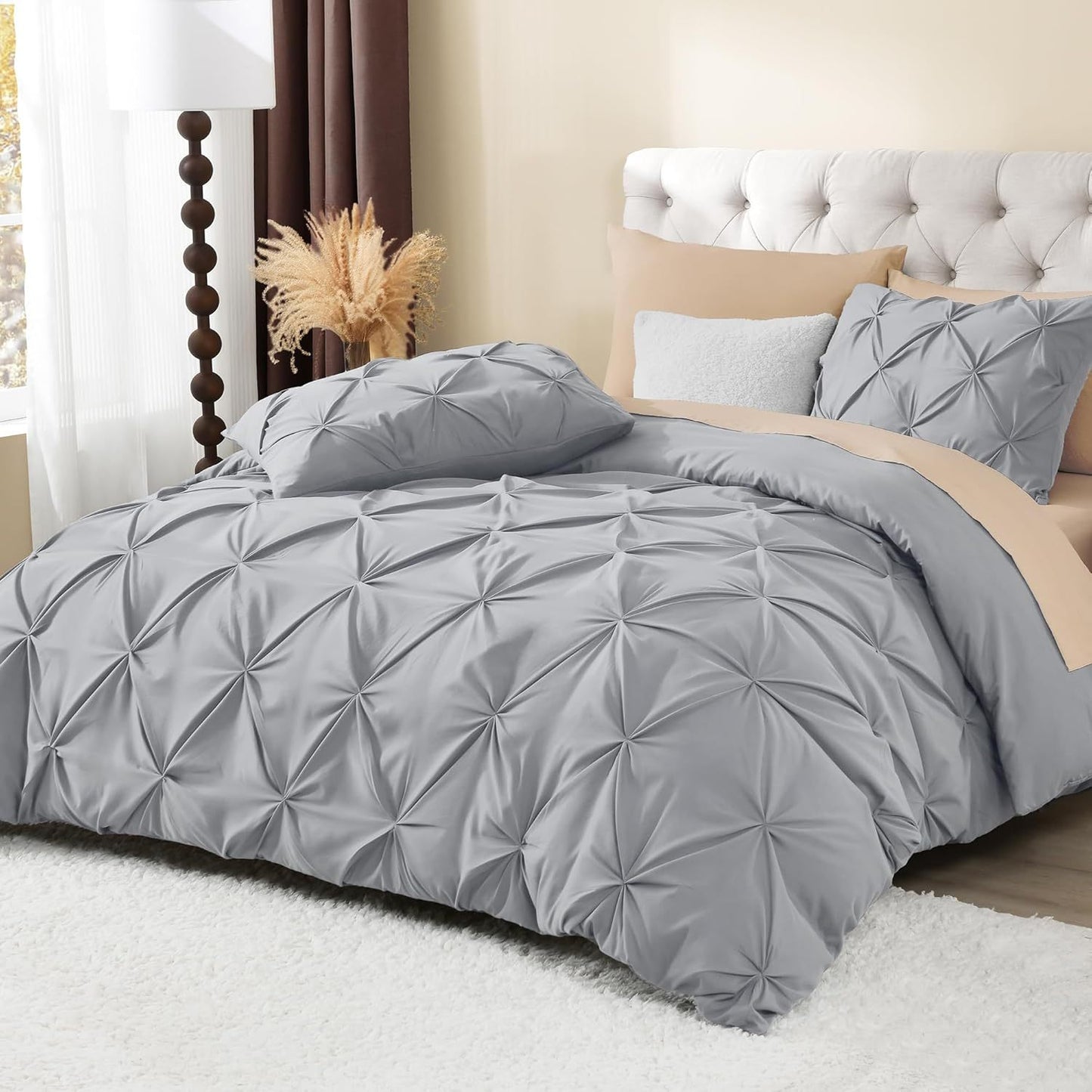 3 PCS Set 5 Colors Charcoal, Pink*Five Star Hotel* Pinch Pleated Luxury High Quality Duvet Cover Set, Soft Pintuck Bedding Sets with Pillowcases