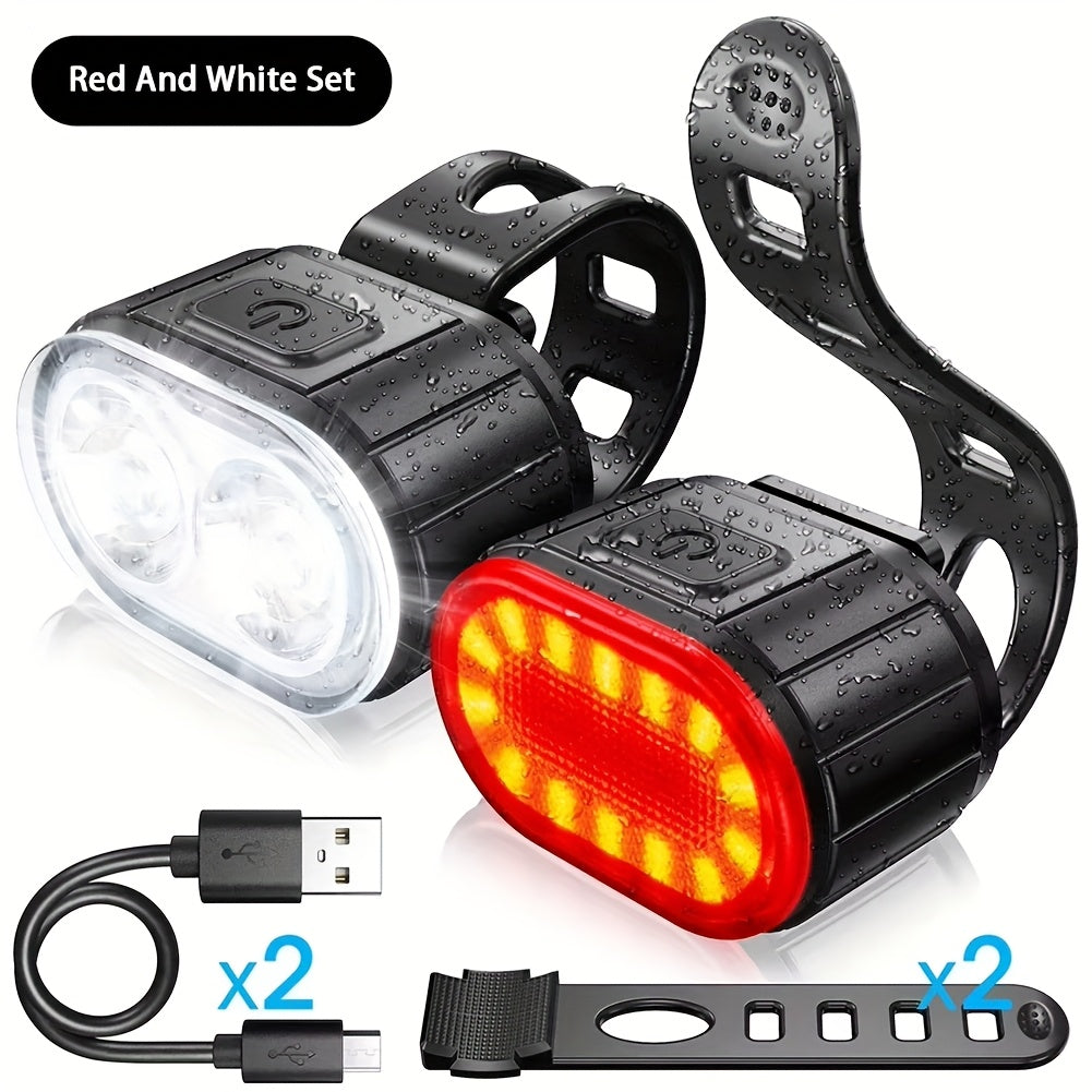 2 PCS Set Bike lights, Complete Set Of Bike lights, White Light Headlight lighting, Red Light Taillight lighting, USB Rechargeable Portable Since The headlight, Bike Tail light, Suitable for Outdoor cycling, Rainy Day Night L