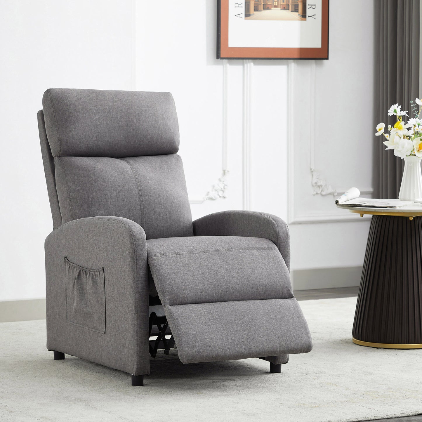 Push Back Recliner Chair Bed , Single Sofa with Lumbar Support, Padded Backrest, Side Pocket and Adjustable Leg Rest for Home Living Room