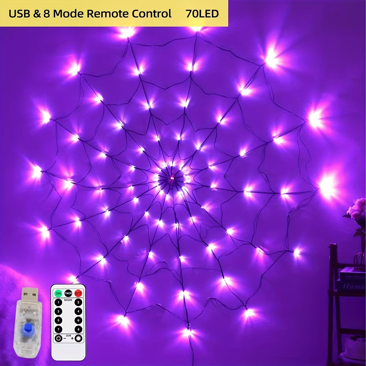 1pc,Halloween Spider Web Lights, 70 LED Purple,Orange, Halloween Light String 8 Modes, Net Lights for Party, Bedroom, Bar, Haunted House, Halloween Decoration(Purple,Orange)