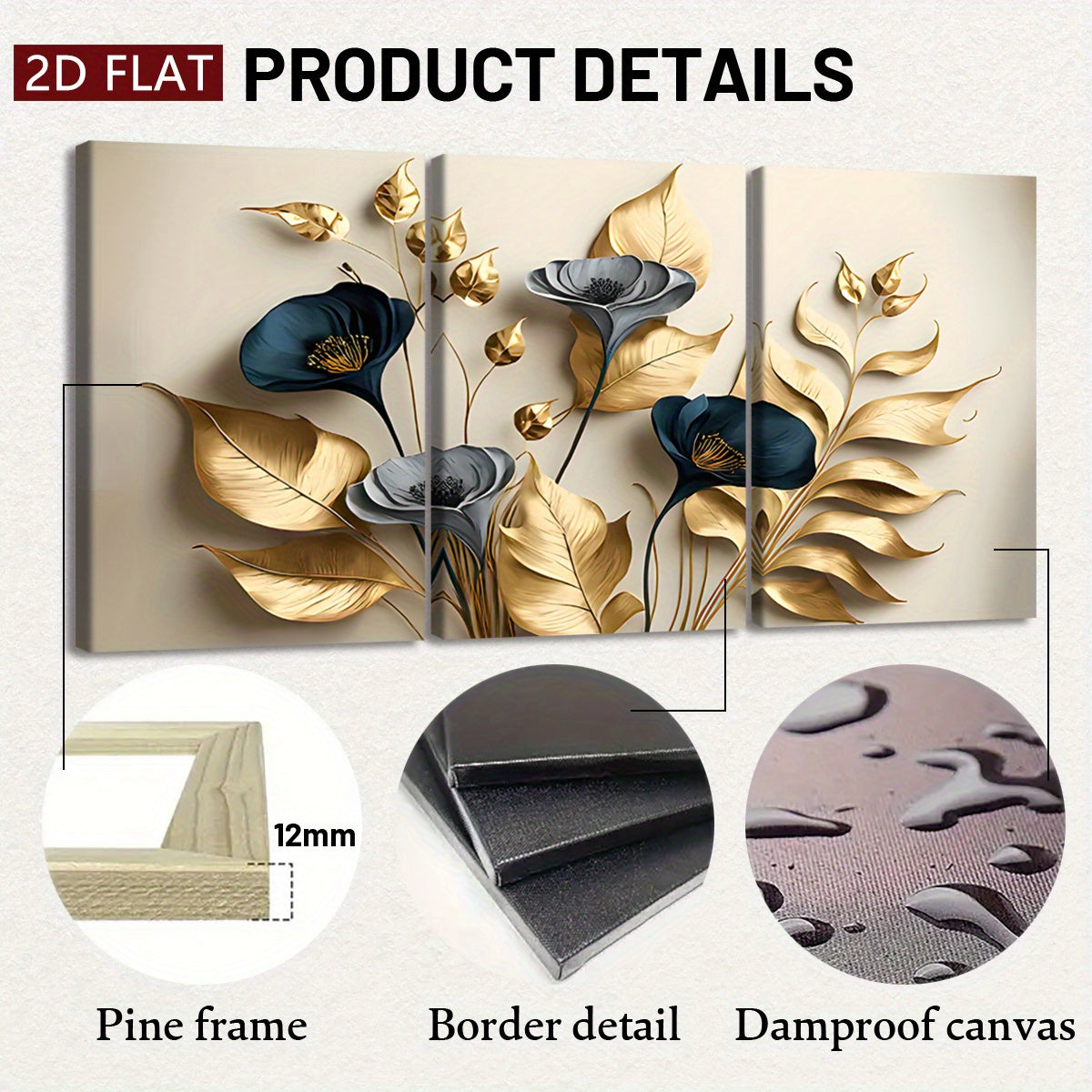 [2D Flat] Three Wooden Frame Canvas Wall Art - Modern Abstract Design Featuring Golden Leaves And Flowers, High-Definition 8K Odorless Indoor Wall Decoration, Suitable for Living Rooms, Bedrooms, And Offices - Contemporary Ho