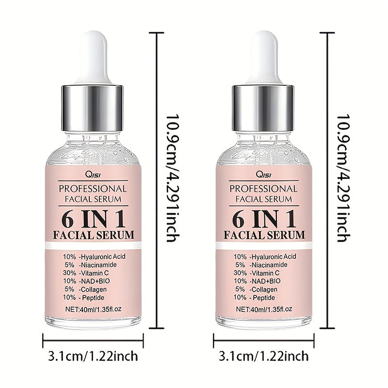 This Set Includes 2 Bottles of 6 IN 1 Facial Serum, Featuring Hyaluronic Acid, Collagen, Niacinamide, Peptides, And NAD+BIO. It Offers a Firming And Moisturizing Formula Suitable for All Light Skin Tones, Is Non-Irritating, A